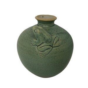 Vintage Signed Small Ceramic Bud Vase with 3D Frog Green 3.5" Celadon